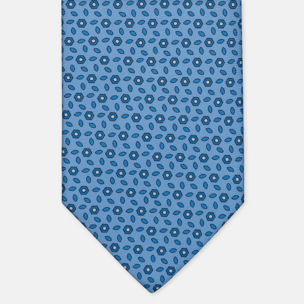 3-Fold Silk Tie, Floral Pattern, Light Blue - 3096