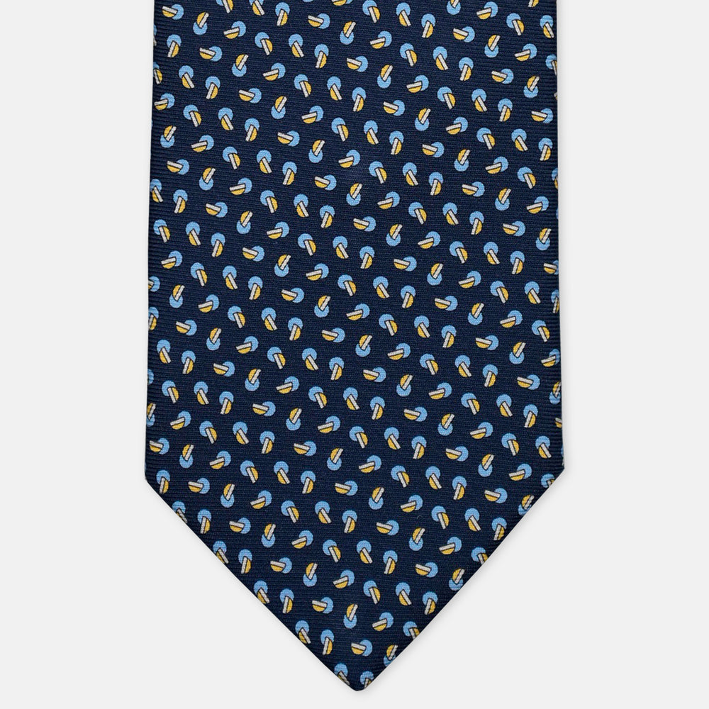 3-Fold Silk Tie, Micro Geometric Pattern, Blue and Yellow - 3110