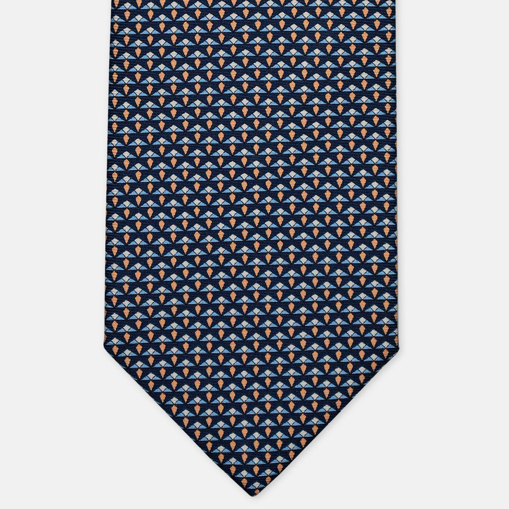 3-Fold Silk Tie, Micro Geometric Pattern, Blue and Yellow - 3113