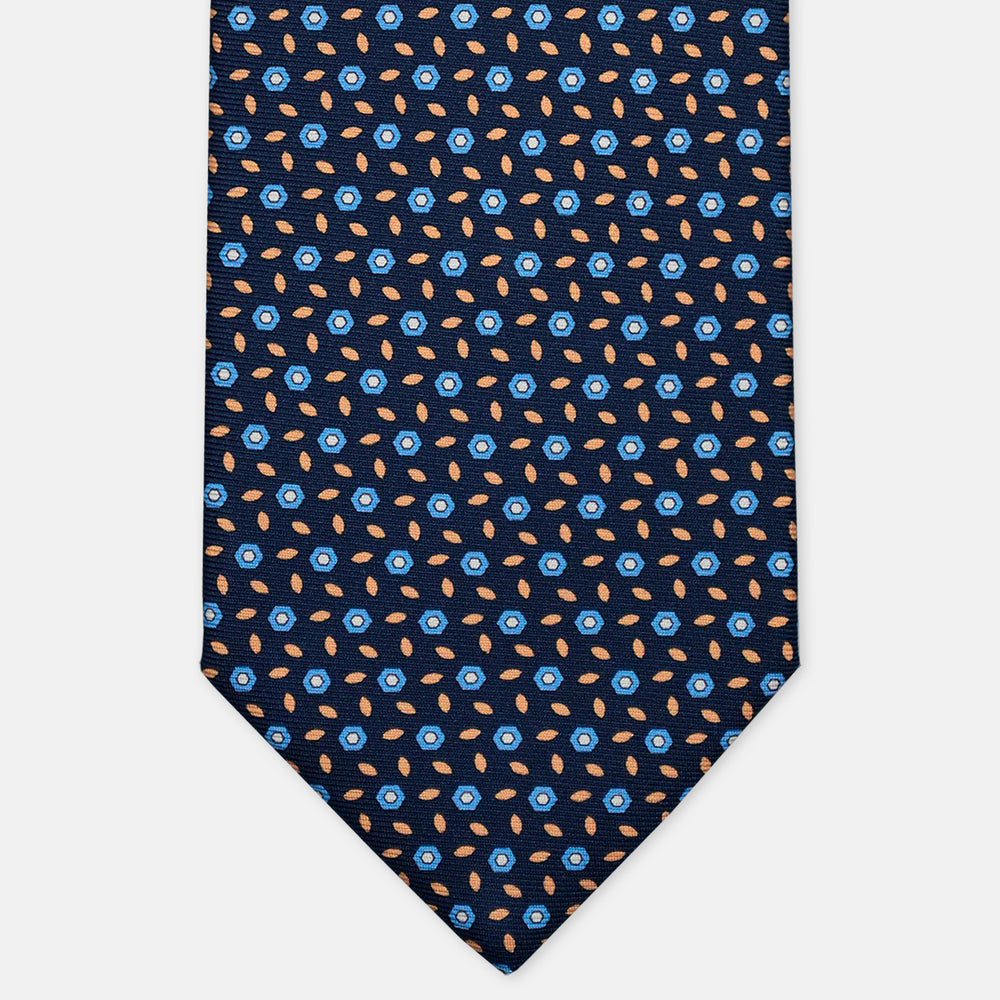 3-Fold Silk Tie, Floral Pattern, Blue and Yellow - 3115