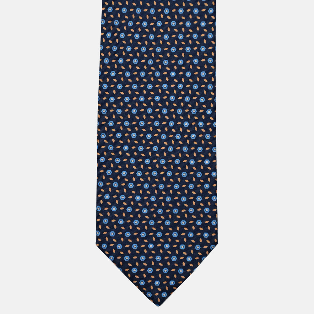 3-Fold Silk Tie, Floral Pattern, Blue and Yellow - 3115