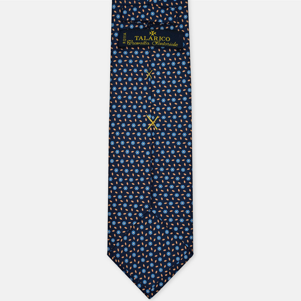 3-Fold Silk Tie, Floral Pattern, Blue and Yellow - 3115