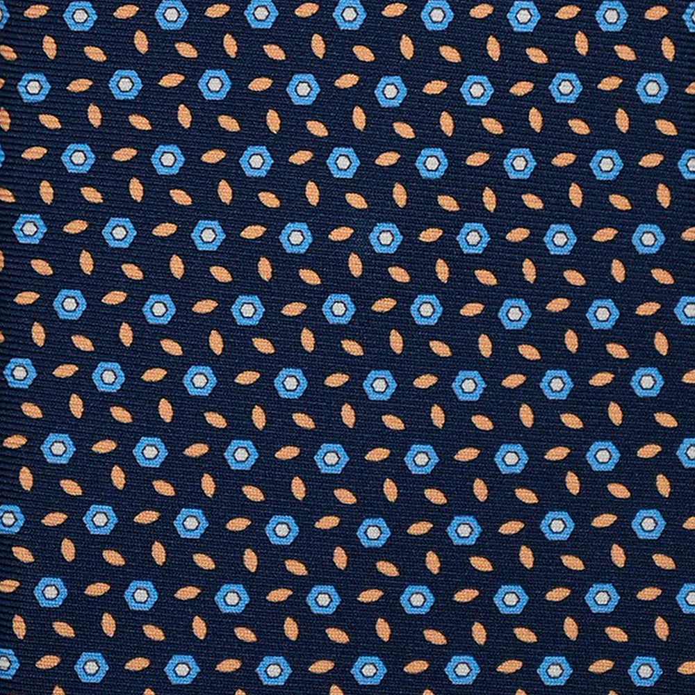 3-Fold Silk Tie, Floral Pattern, Blue and Yellow - 3115