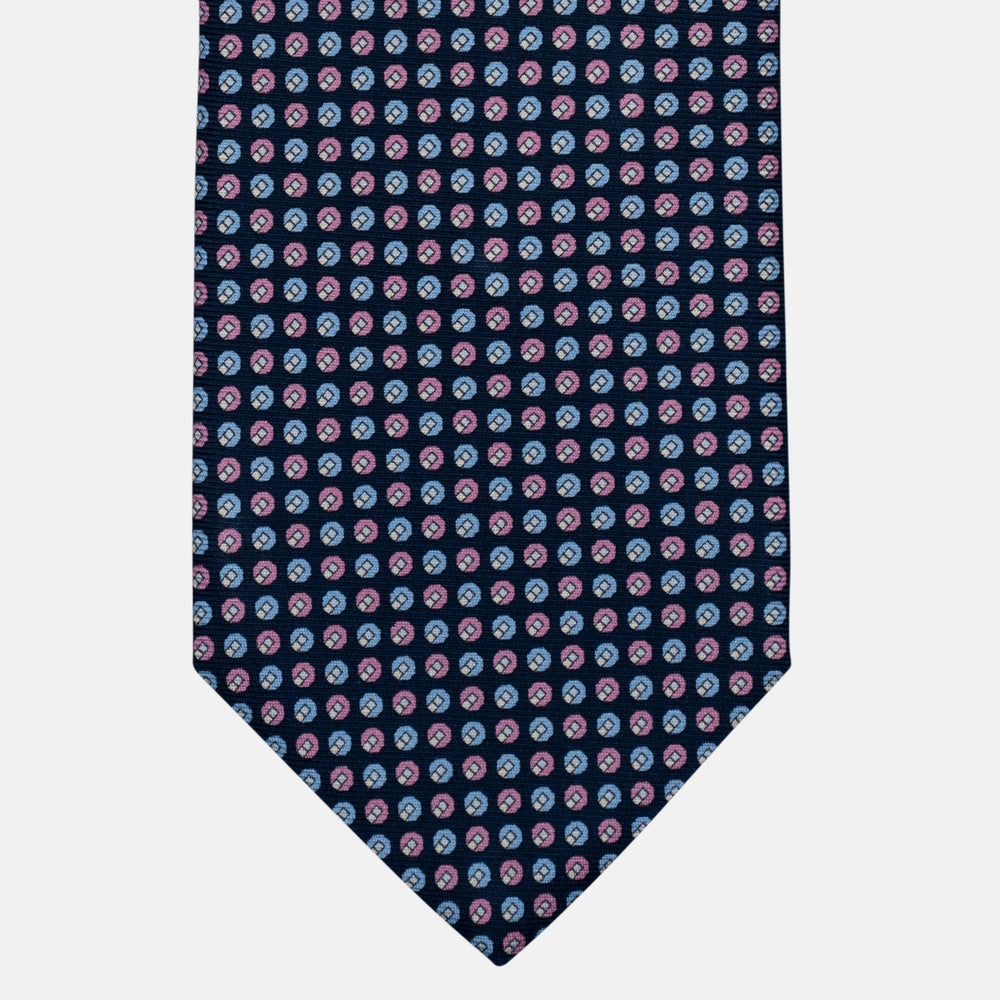 3-Fold Silk Tie, Micro Geometric Pattern, Blue Pink - 3123