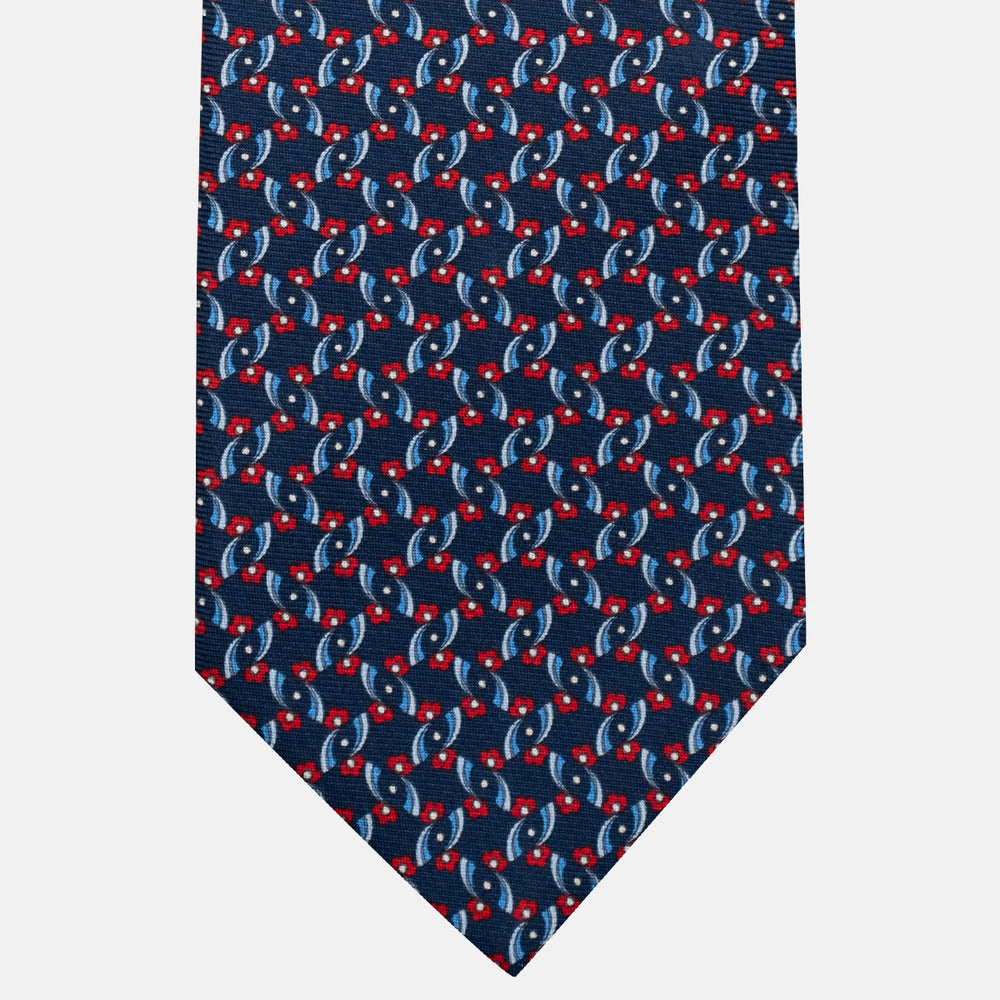 3-Fold Silk Tie, Floral Pattern, Blue and Red - JA056337-3