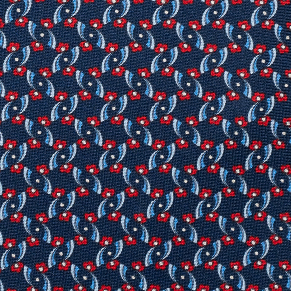 3-Fold Silk Tie, Floral Pattern, Blue and Red - JA056337-3