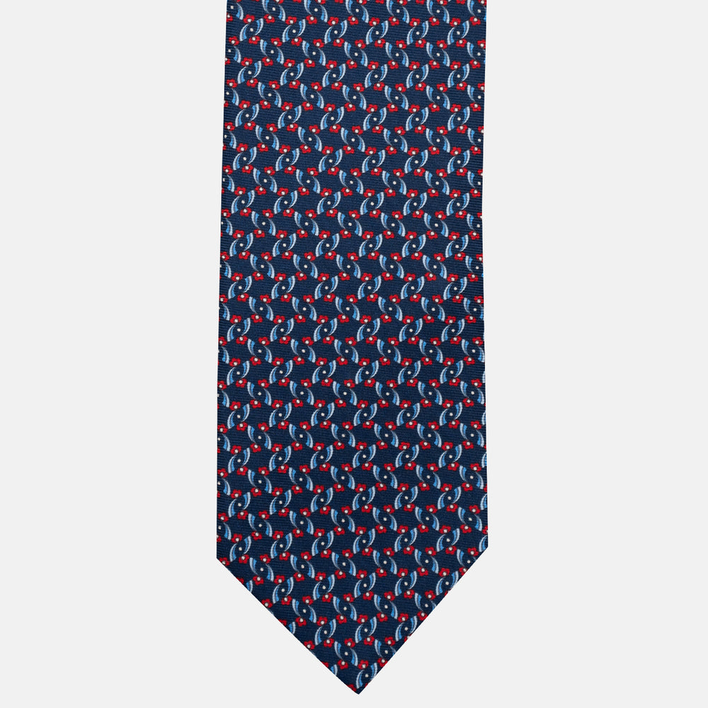 3-Fold Silk Tie, Floral Pattern, Blue and Red - JA056337-3