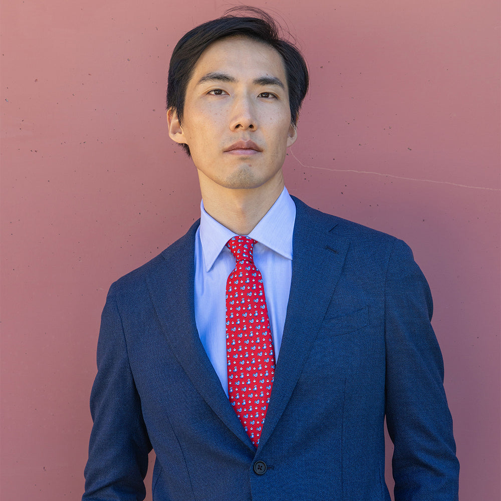 3-fold Silk Tie with Chickens Pattern Red - M55268