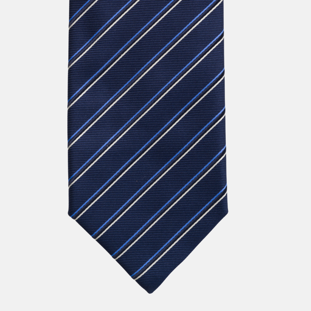 1999 Collection Heavy Silk Blue Tie with Thin Stripes