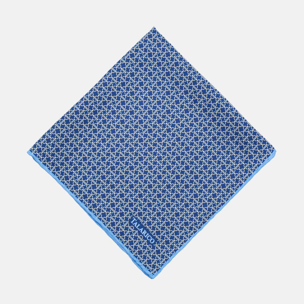 Silk Pocket Square, Chain Pattern, Blue and Grey - 59969