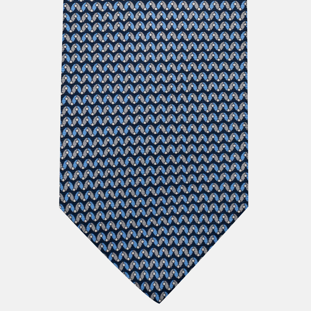 3-Fold Silk Tie, Geometric Pattern, Blue and Grey - JA056675-8