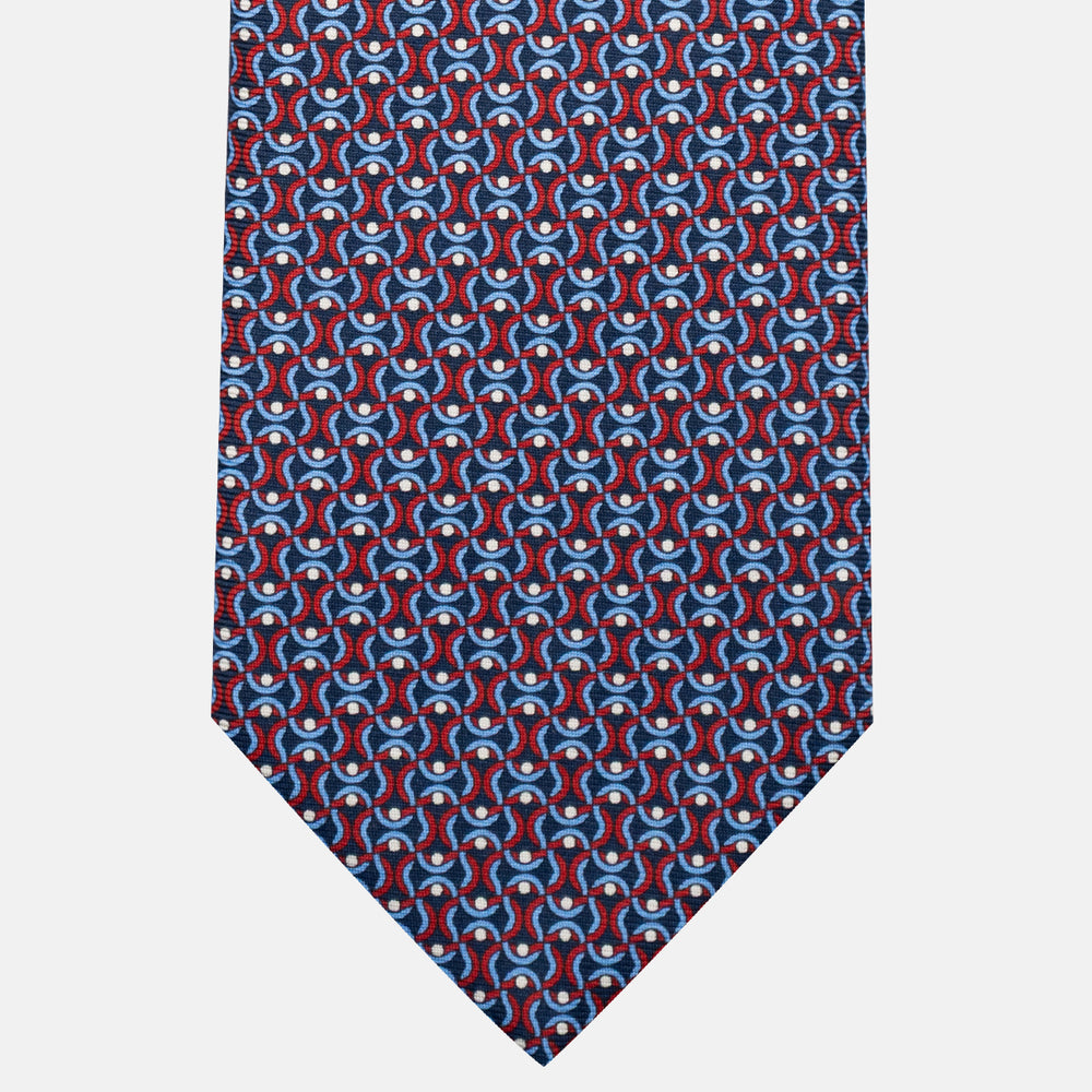3-Fold Silk Tie, Geometric Pattern, Blue and Red - JA056334-8
