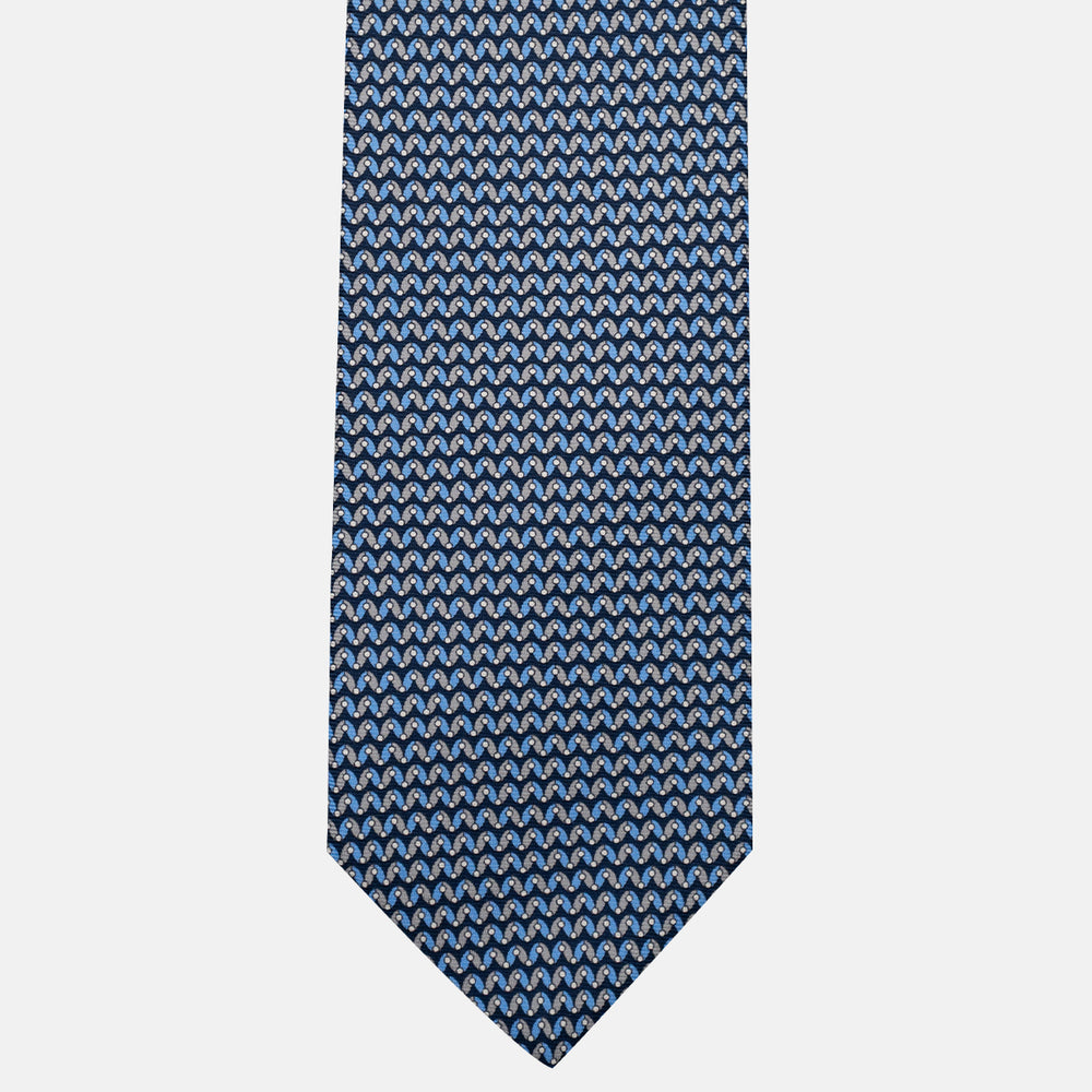3-Fold Silk Tie, Geometric Pattern, Blue and Grey - JA056675-8