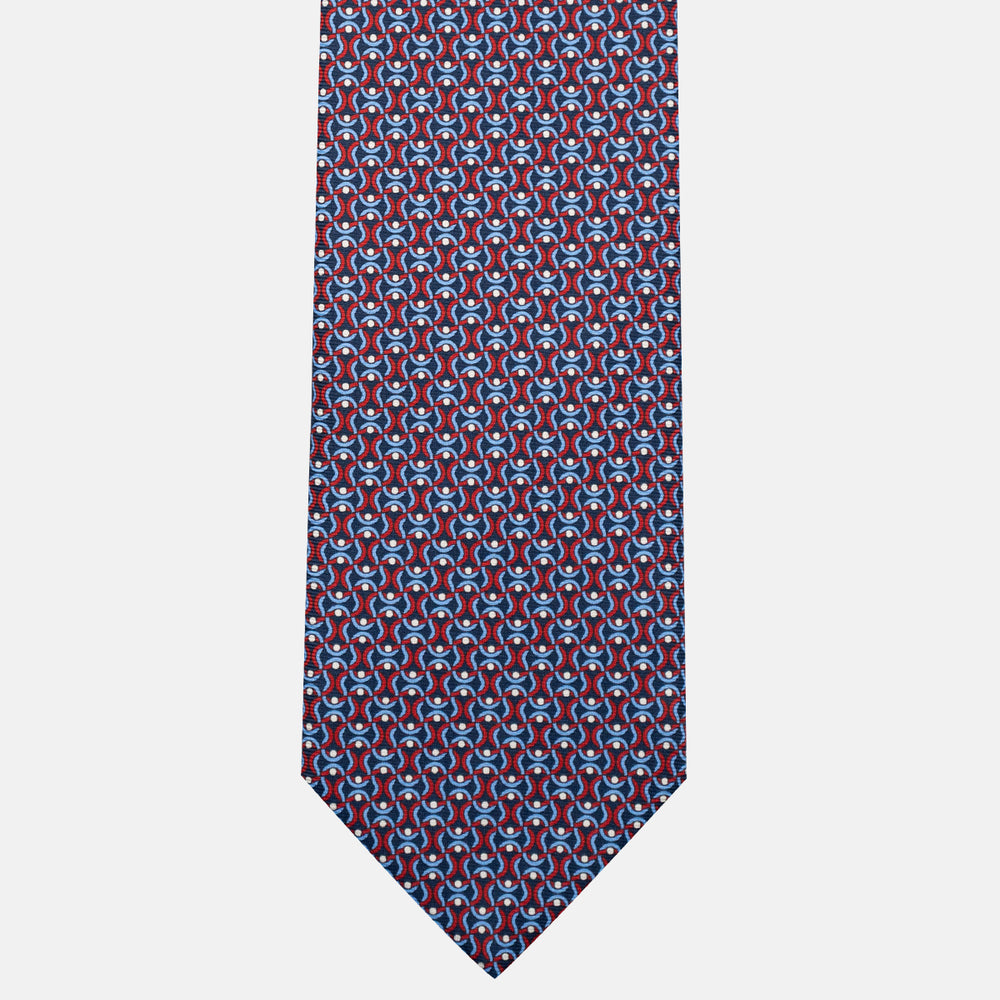 3-Fold Silk Tie, Geometric Pattern, Blue and Red - JA056334-8