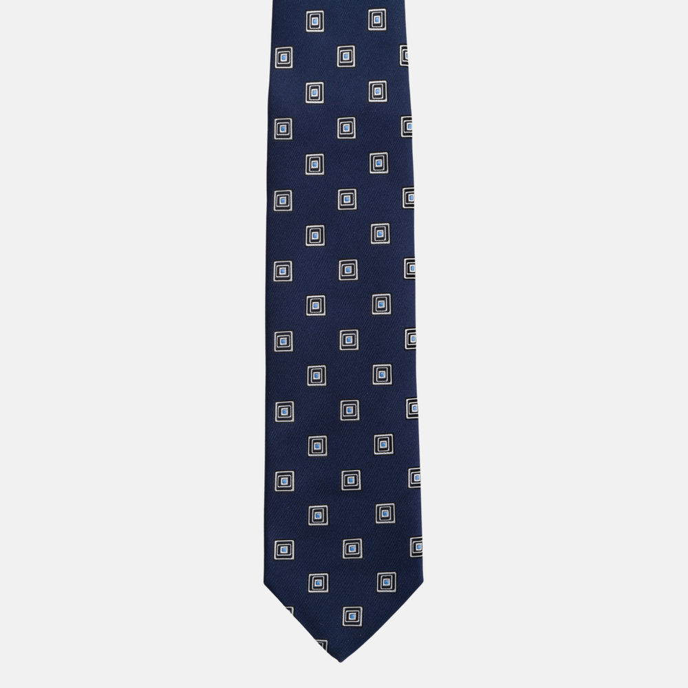 1999 Collection Tie in Heavy Blue Silk with Geometric Pattern