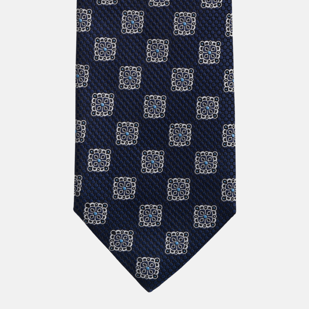 1999 Collection Tie in Heavy Blue Silk with Geometric Pattern