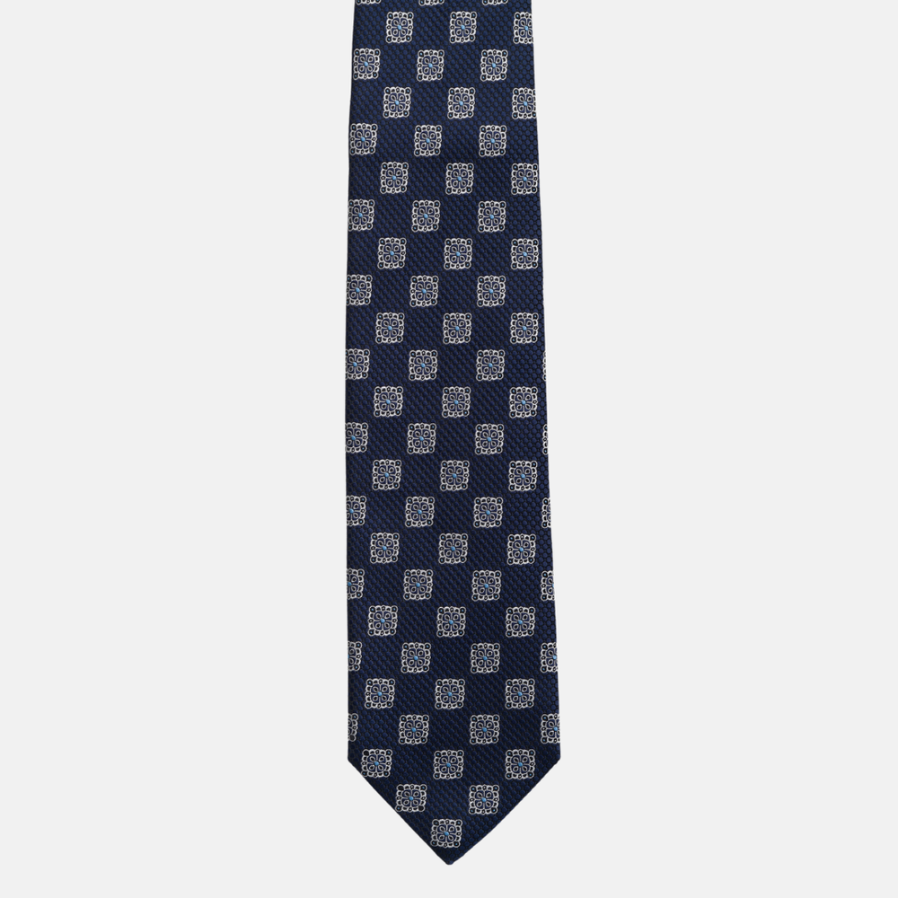 1999 Collection Tie in Heavy Blue Silk with Geometric Pattern