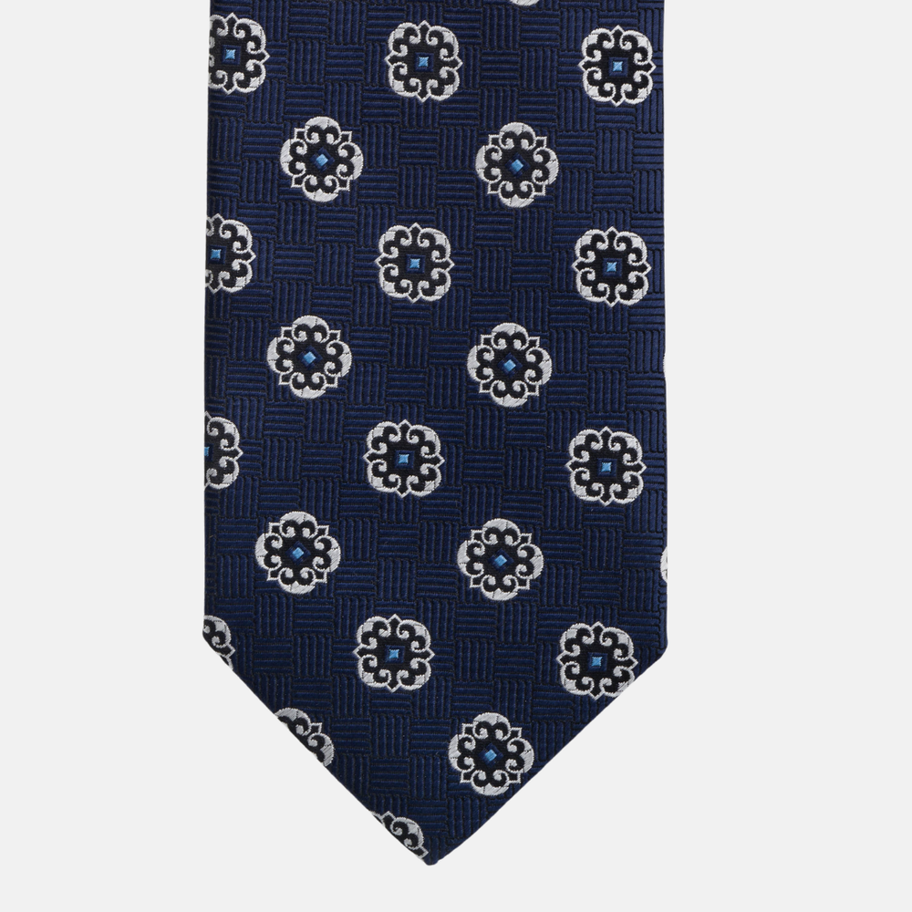 1999 Collection Tie in Heavy Blue Silk with Geometric Pattern