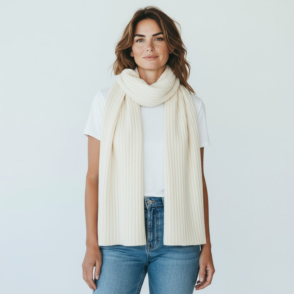 CREAM CASHMERE RIBBED SCARF - 105