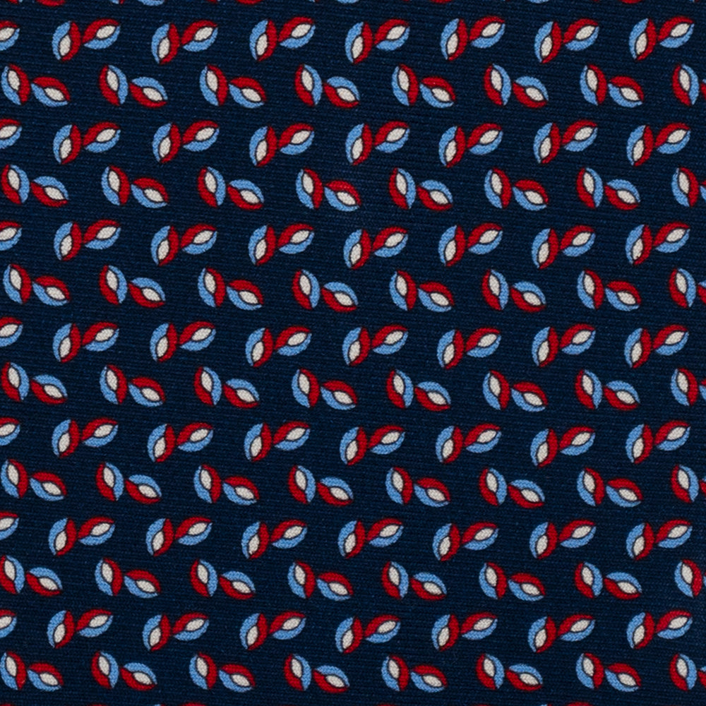 Cravatta 3 pieghe in Seta Blu Scuro con Micro Fantasia Motivo Foglia Celeste Rosso e Bianco-DSC_3090