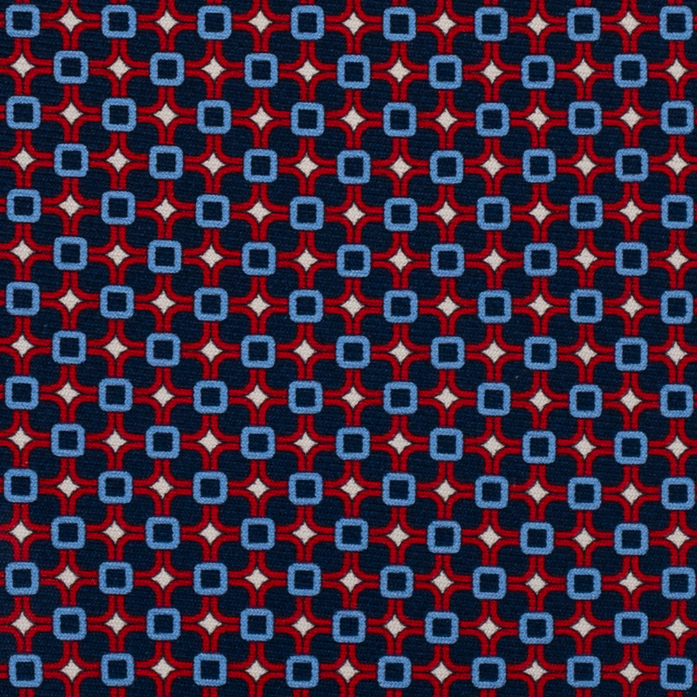 Cravatta 3 pieghe in Seta Blu Scuro con Fantasia Geometrica Celeste Rossa e Beige - DSC_3094
