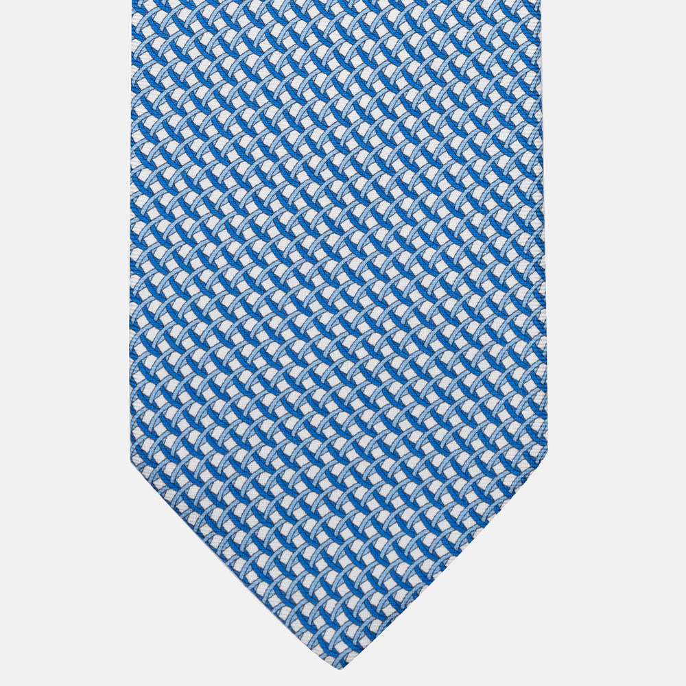 3-Fold Silk Tie with Geometric Pattern, White and Blue - M48653