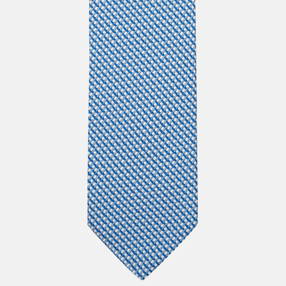 3-Fold Silk Tie with Geometric Pattern, White and Blue - M48653