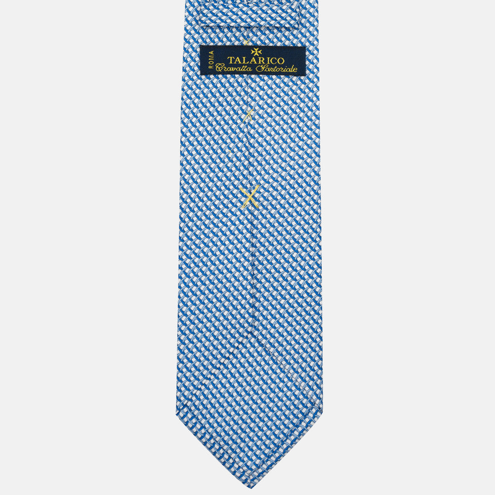 3-Fold Silk Tie with Geometric Pattern, White and Blue - M48653