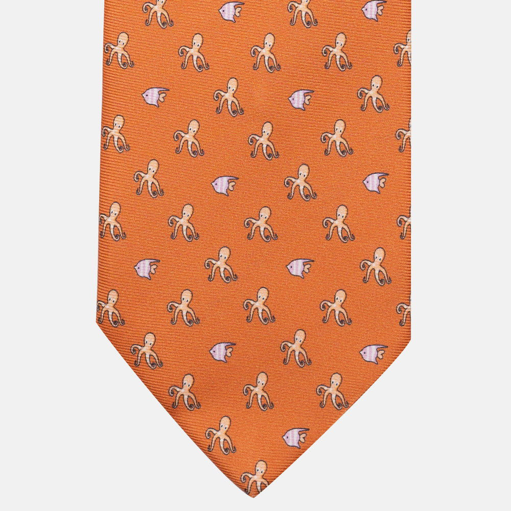 Cravatta 3 pieghe in Seta Fantasia Polpo e Pesci, Arancione - DSC_4845