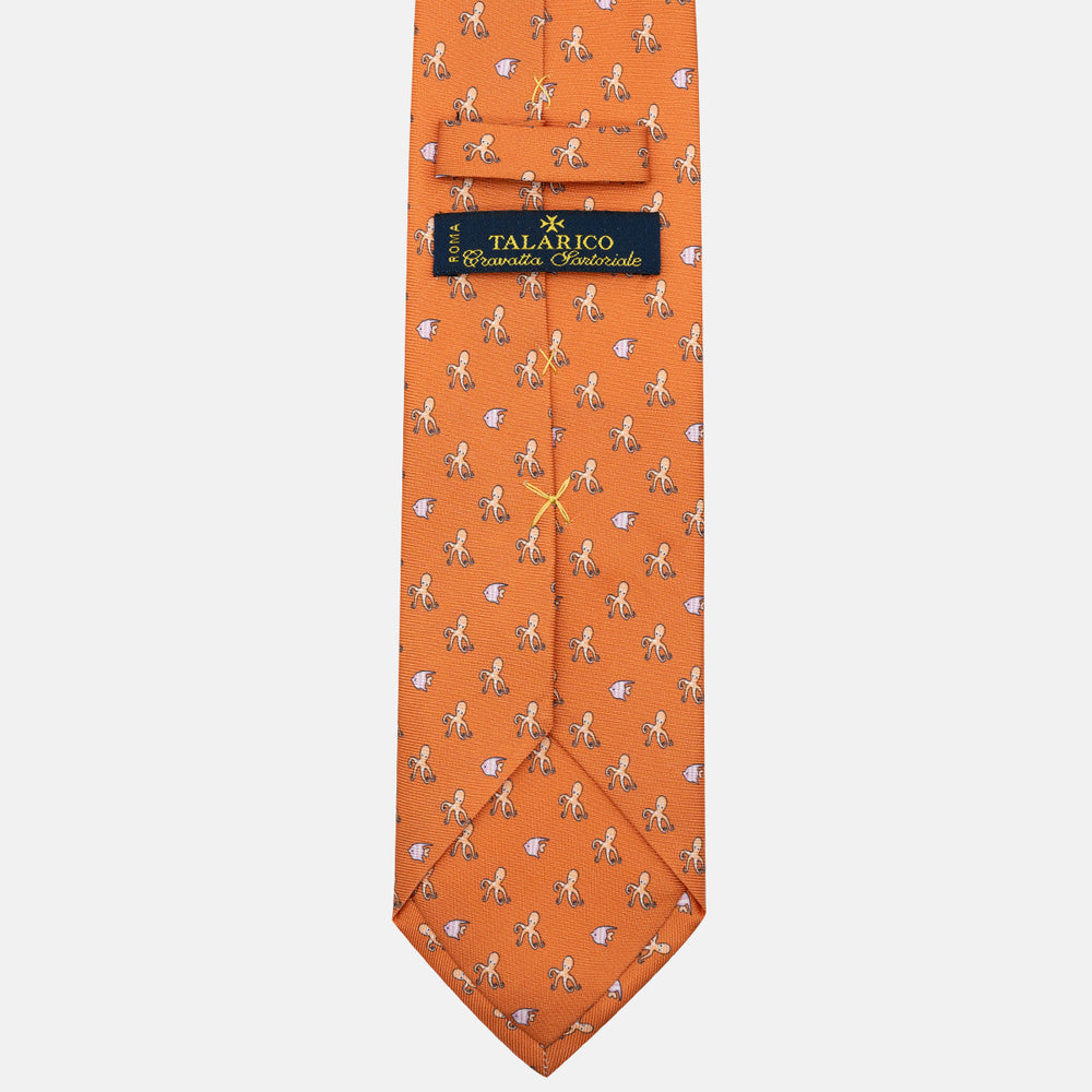 Cravatta 3 pieghe in Seta Fantasia Polpo e Pesci, Arancione - DSC_4845