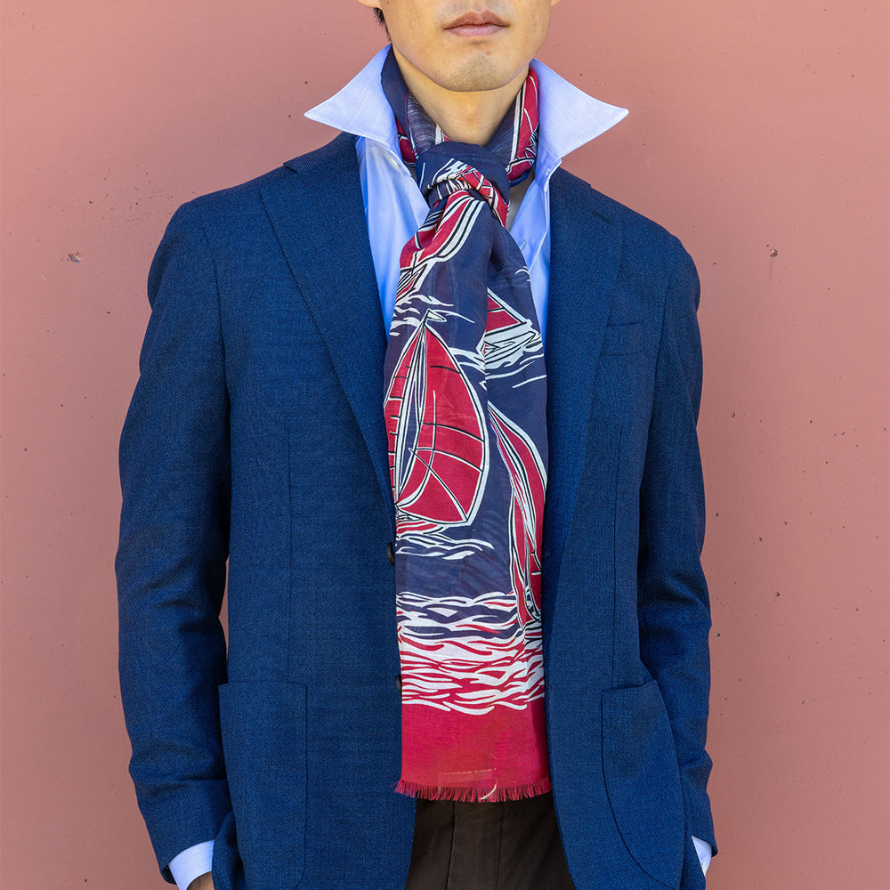 Eolie Scarf in Linen and Silk Red Blue
