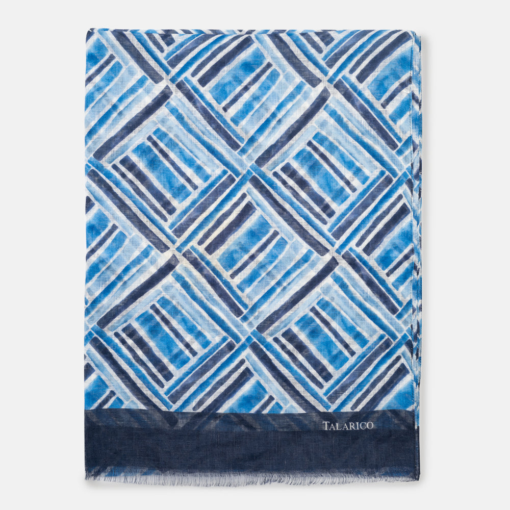 Forte Dei Marmi Pure Blue Linen Scarf with Geometric Pattern | Made in Italy - Women