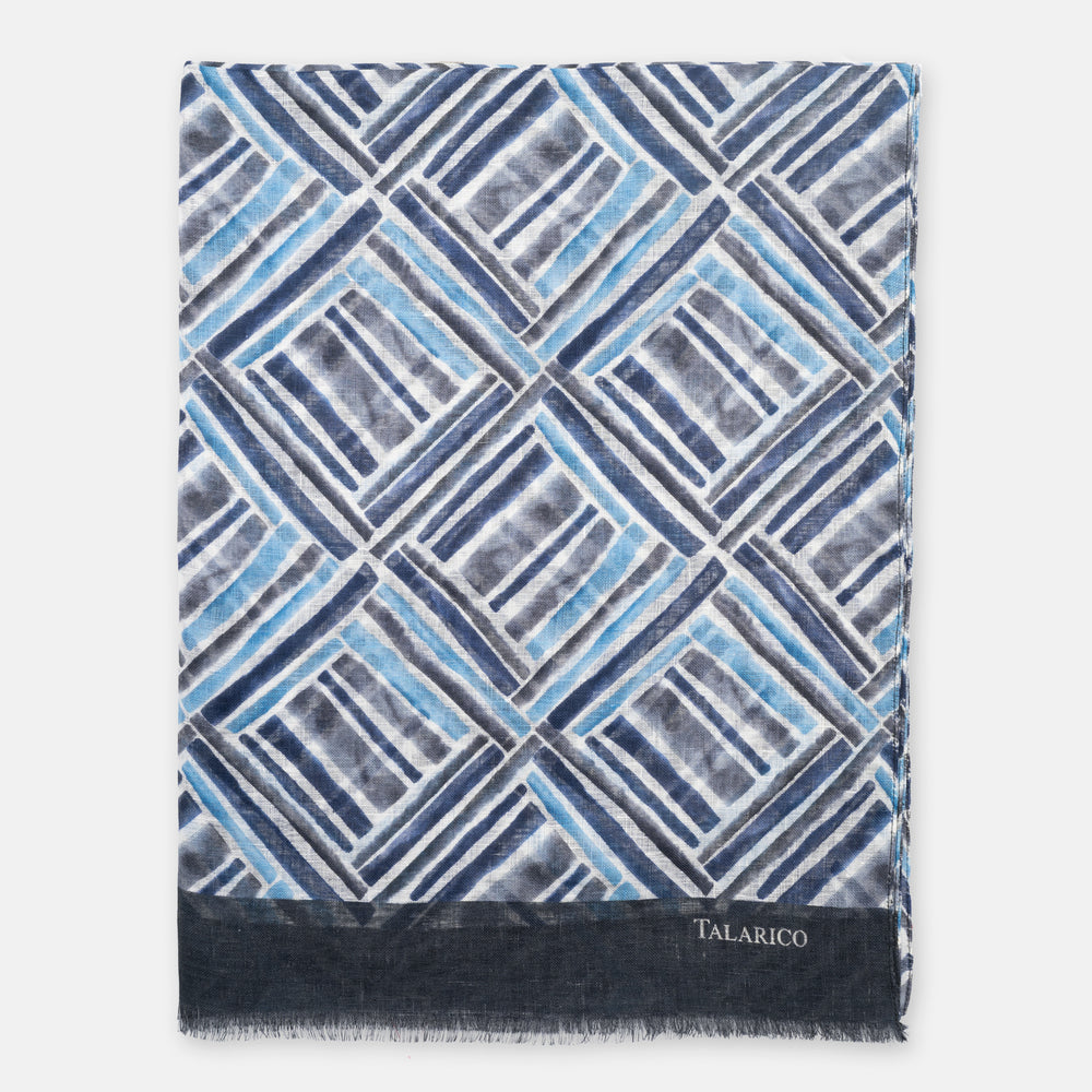 Strong Dei Marmi Shoulder Cover Scarf in Pure Blue Linen with Geometric Pattern | Made in Italy - Men's