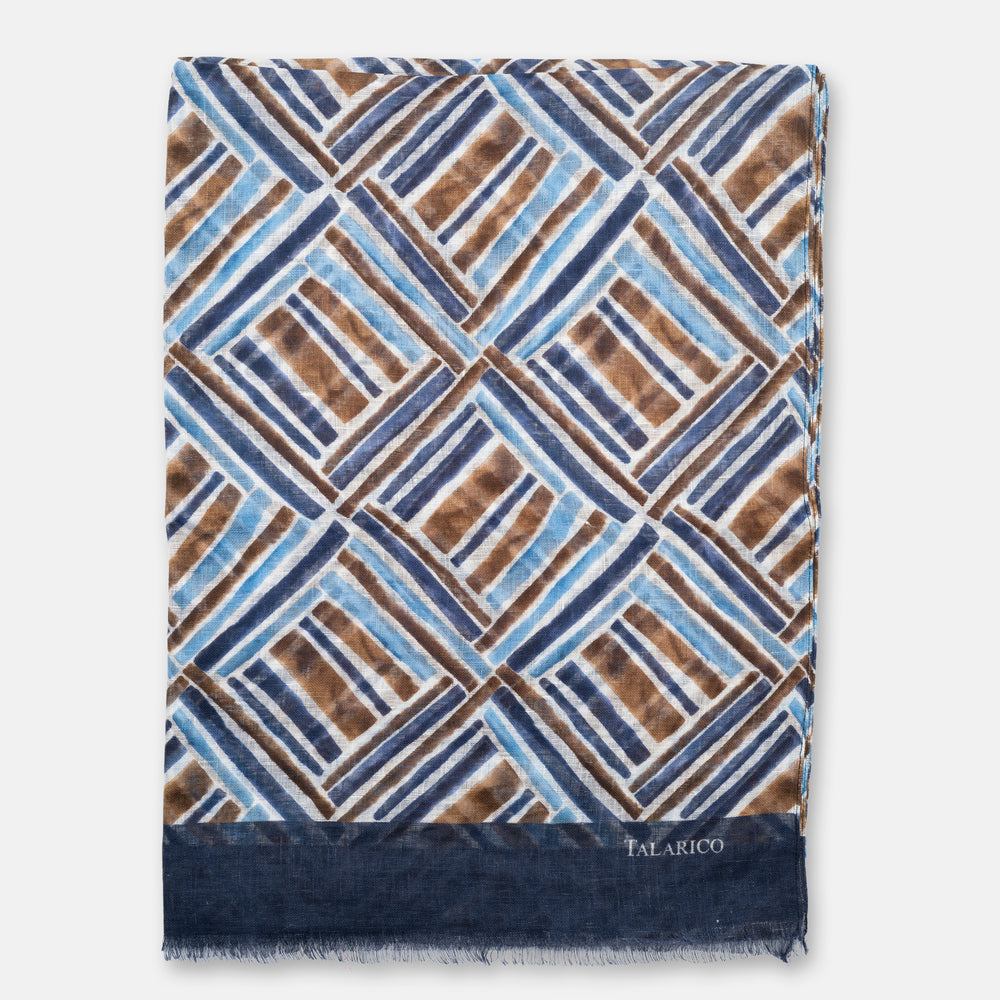 Forte Dei Marmi Shoulder Cover Scarf in Pure Brown Linen with Geometric Pattern | Made in Italy - Men