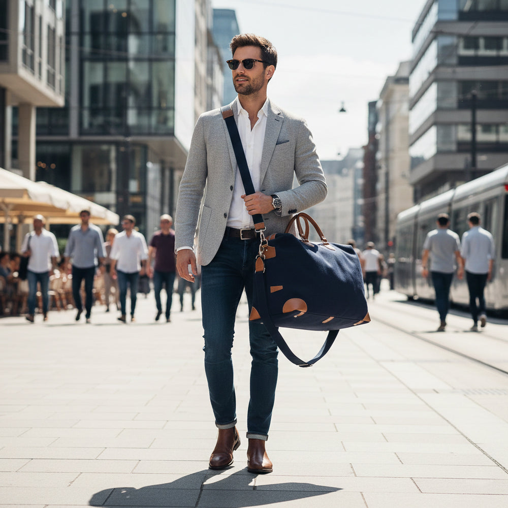 Blue Canvas Duffle Bag Venice with Handles and Cowhide Details