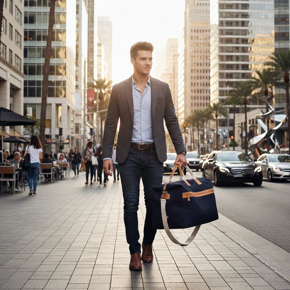 Blue Canvas Duffle Bag Miami with Bicolor Handles in White Leather and Leather