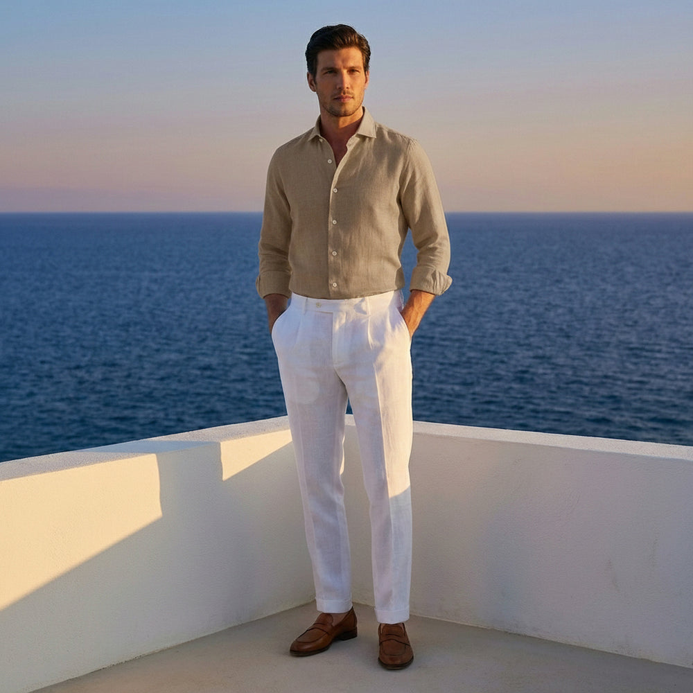 Beige French Collar Linen Shirt