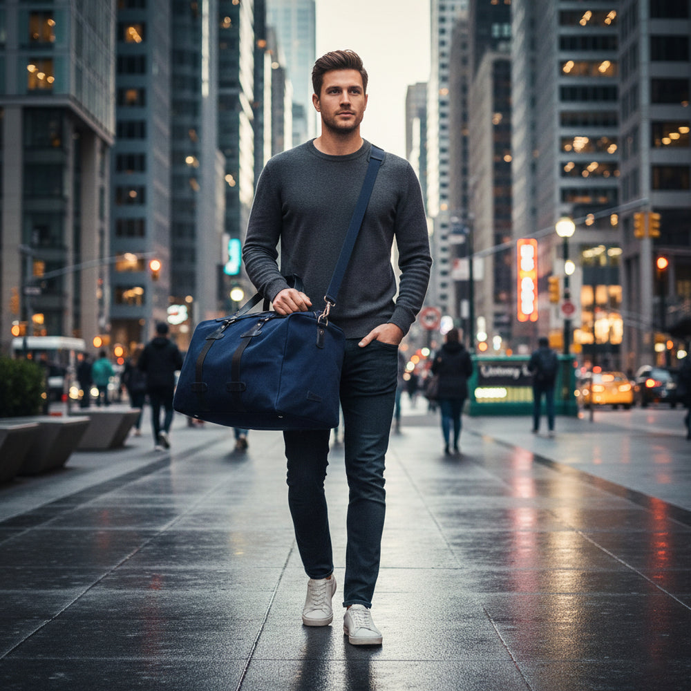 Blue Canvas Duffle Bag Marco Polo with Handles and Details in Blue Cowhide