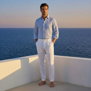 Camicia In Lino Collo alla Francese Bianco Celeste