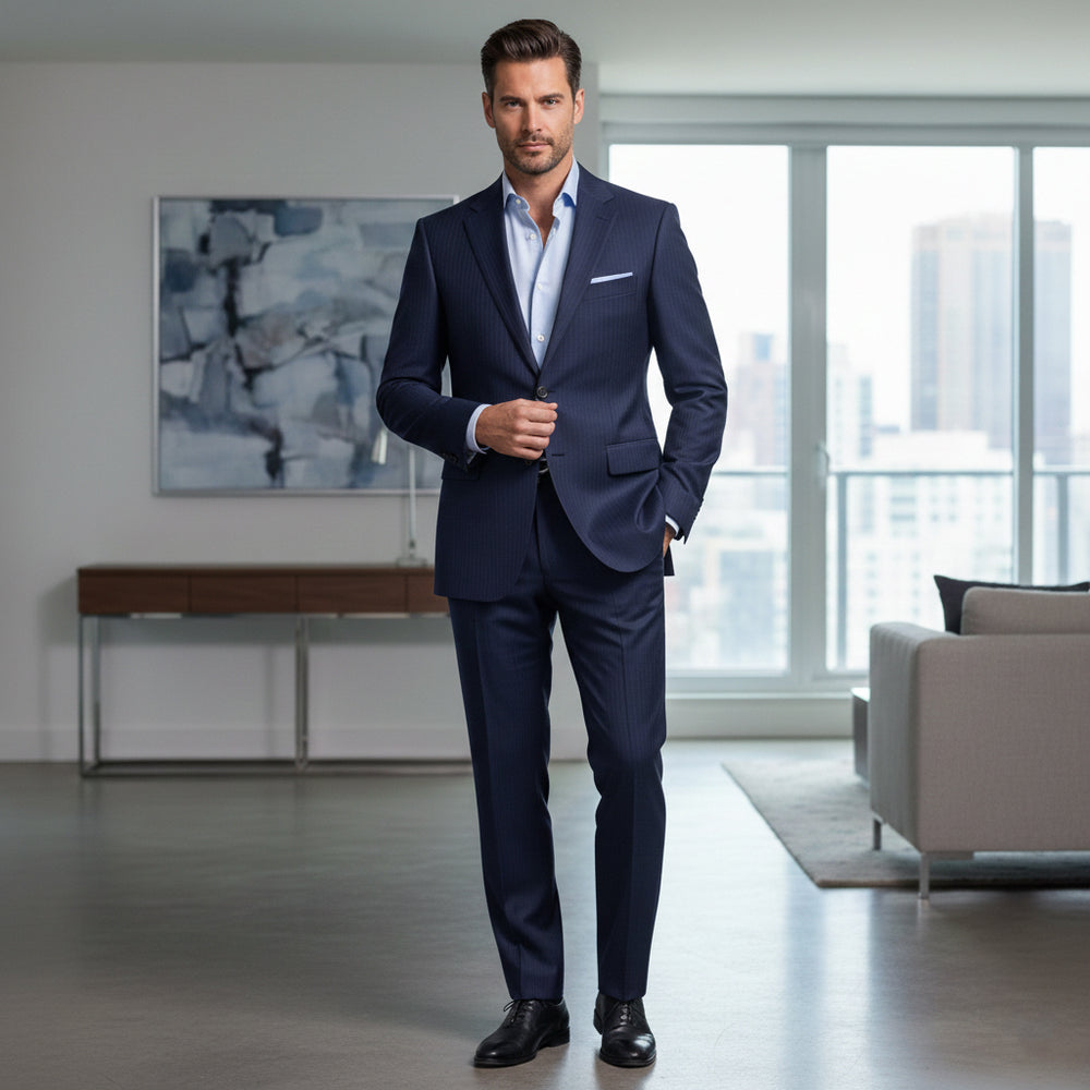 COMPLETO UOMO IN LANA BLU A RIGHE TONO SU TONO FTL01 - 002