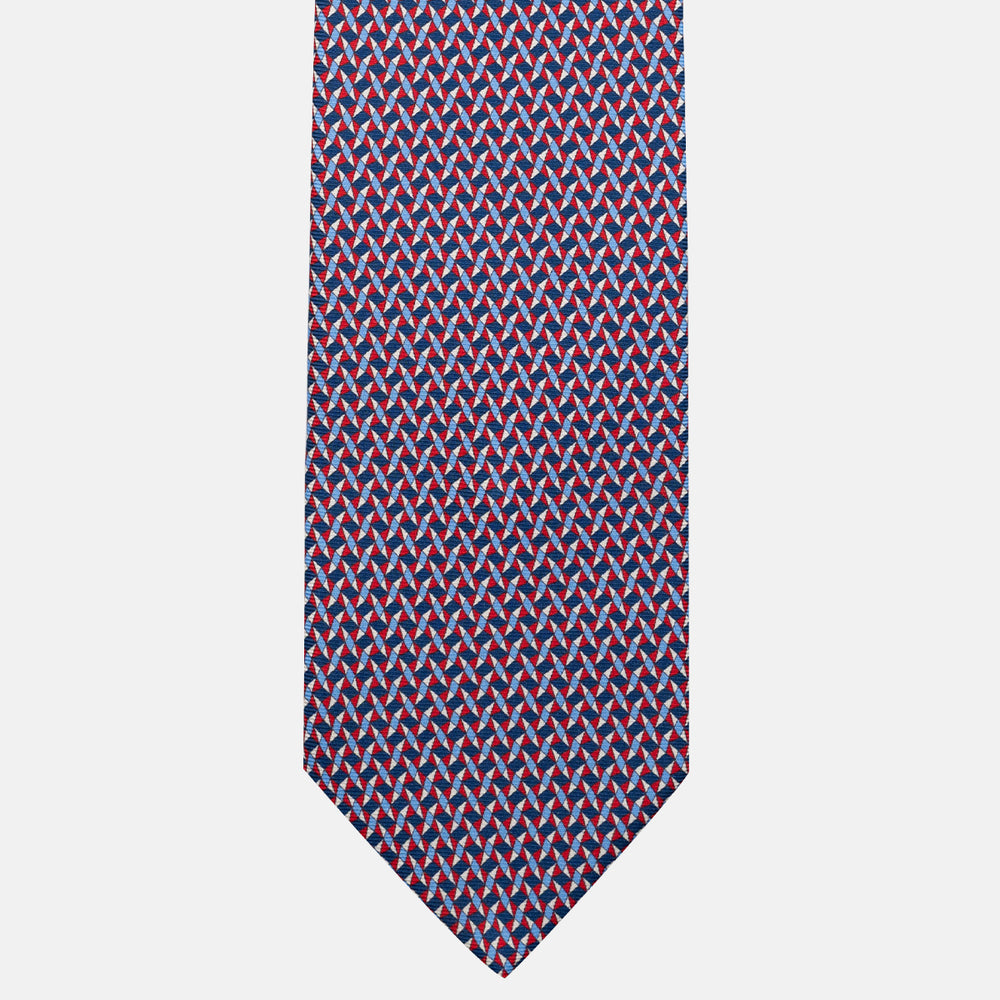 3-Fold Silk Tie, Geometric Pattern, Blue and Red - JA055943-1
