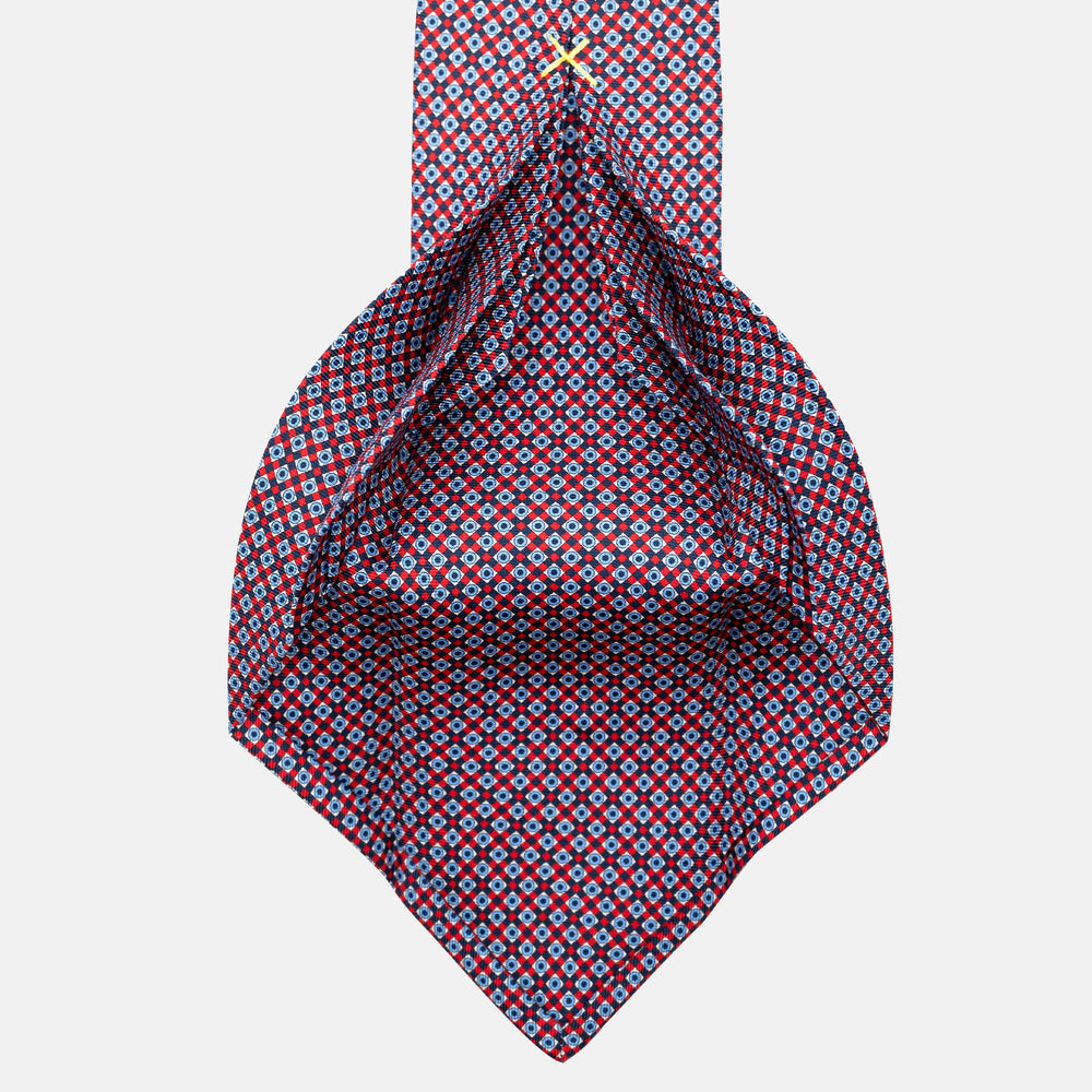 7-Fold Silk Tie with Geometric Pattern, Blue and Red - JA055945-2