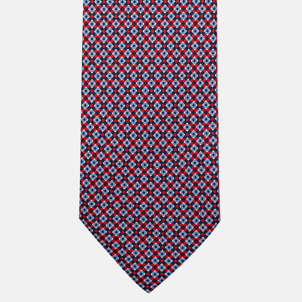 7-Fold Silk Tie with Geometric Pattern, Blue and Red - JA055945-2
