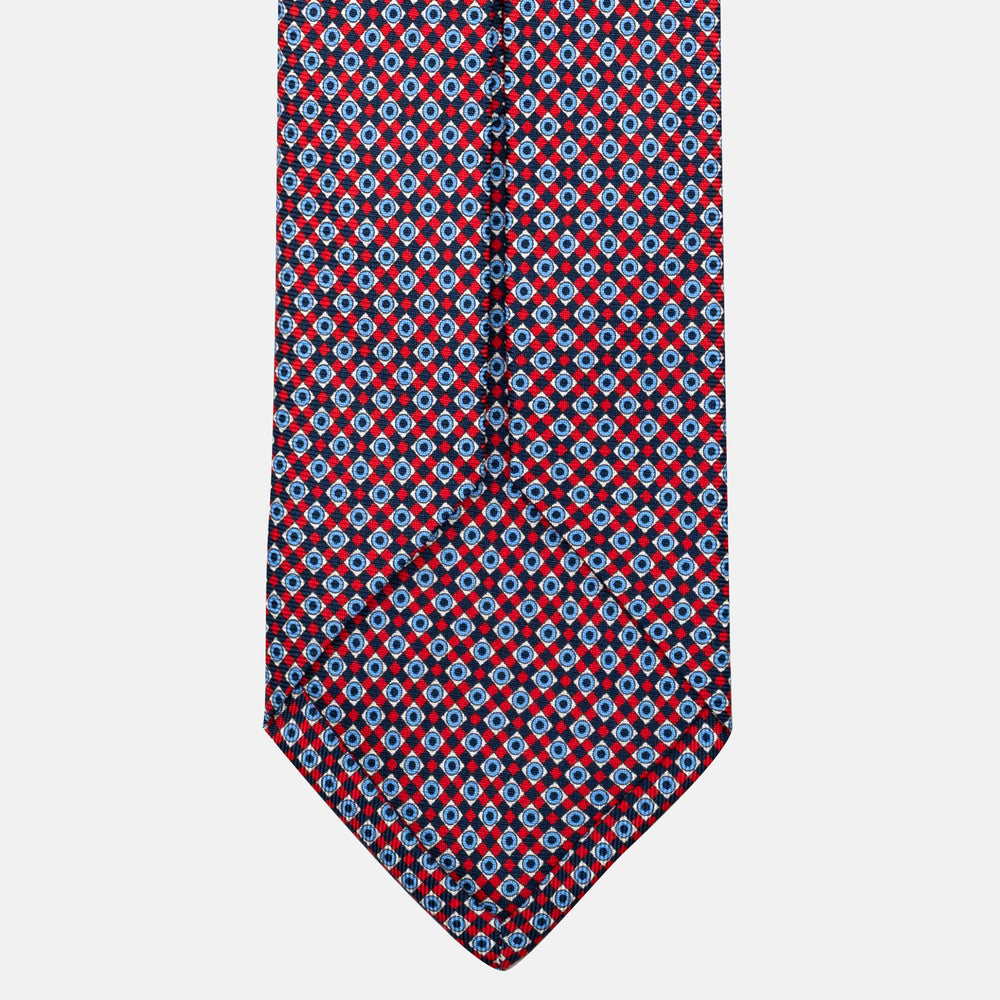 7-Fold Silk Tie with Geometric Pattern, Blue and Red - JA055945-2