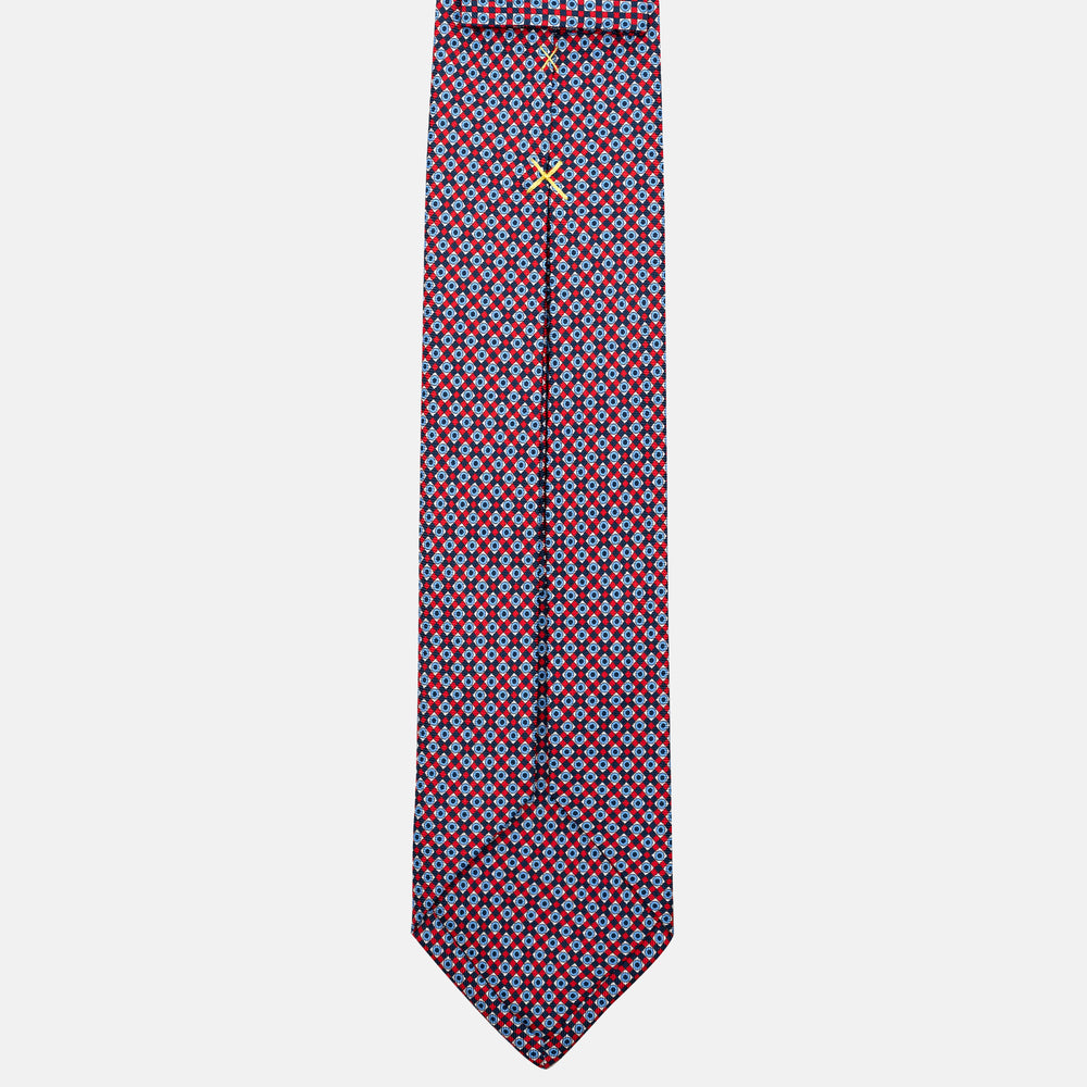 7-Fold Silk Tie with Geometric Pattern, Blue and Red - JA055945-2