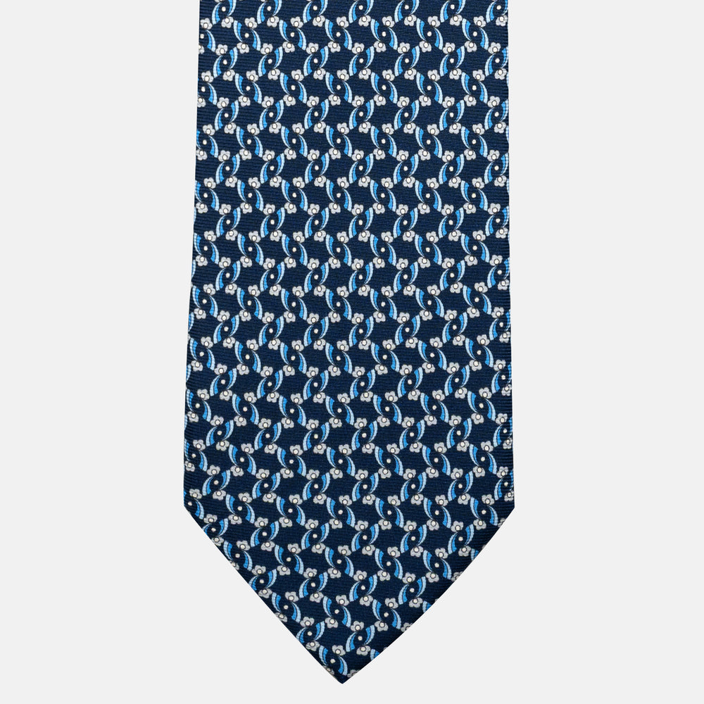 7-Fold Silk Tie with Floral Pattern in Blue and Grey - JA056337-2