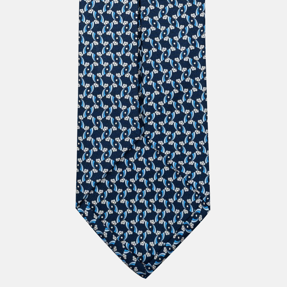 7-Fold Silk Tie with Floral Pattern in Blue and Grey - JA056337-2