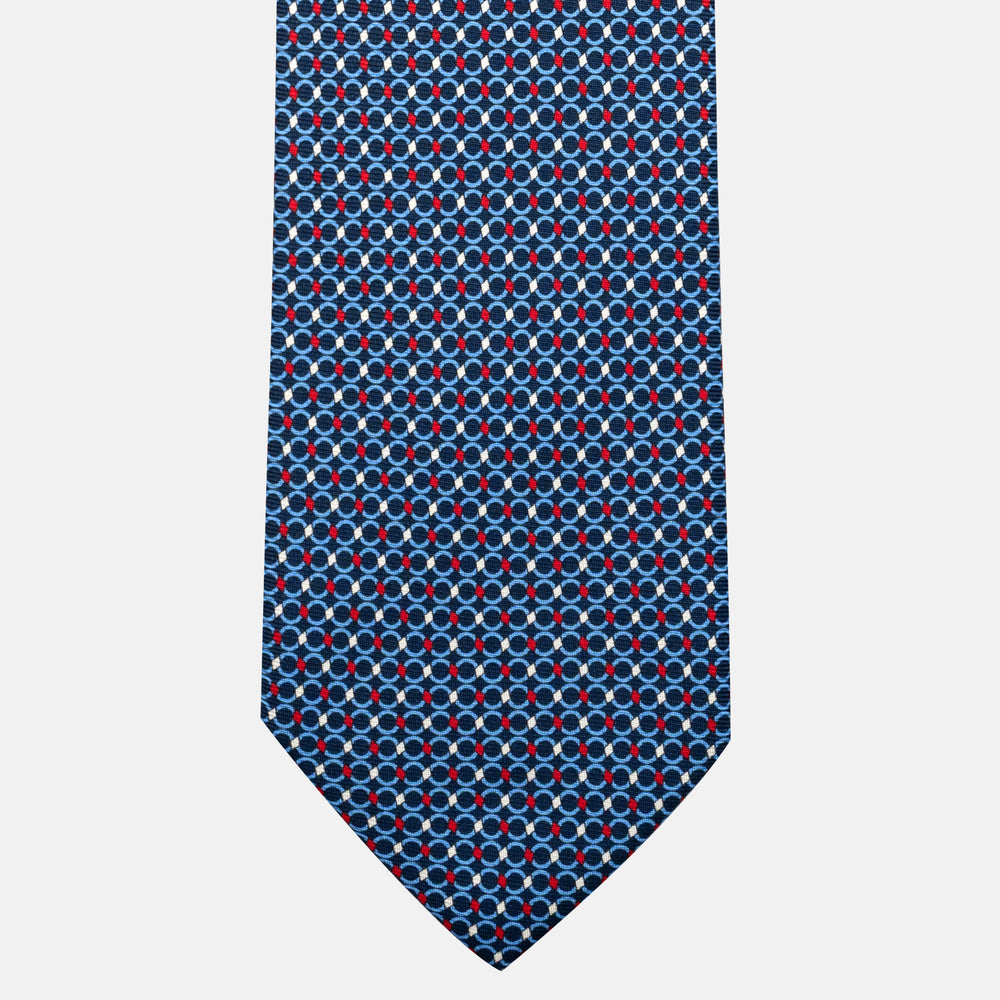 7-Fold Silk Tie with Chain Pattern in Blue and Red - JA057080-2