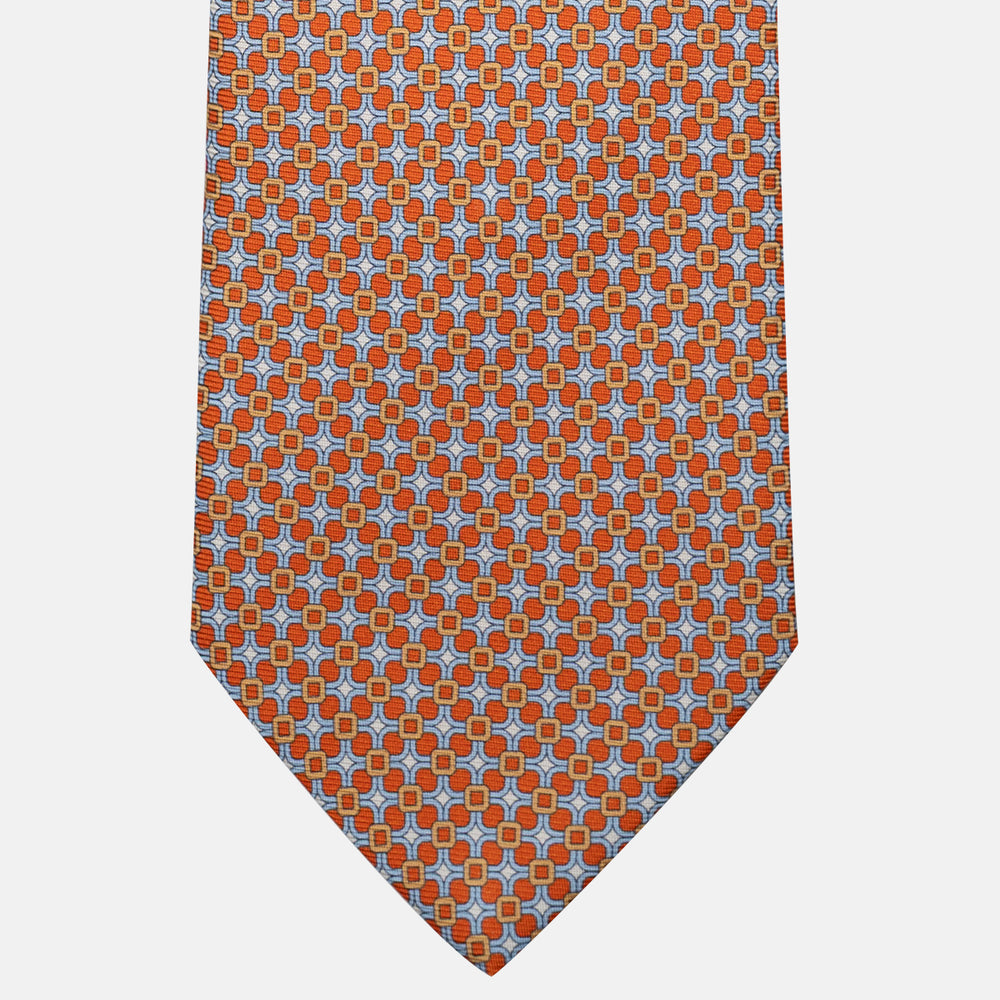Cravatta 3 pieghe in Seta, Fantasia Geometrica, Arancione Celeste - JA057082-3
