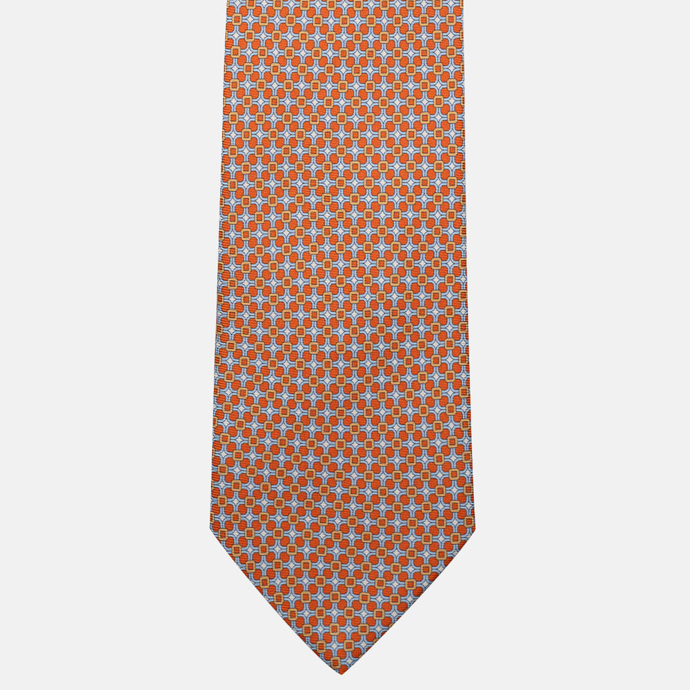 Cravatta 3 pieghe in Seta, Fantasia Geometrica, Arancione Celeste - JA057082-3